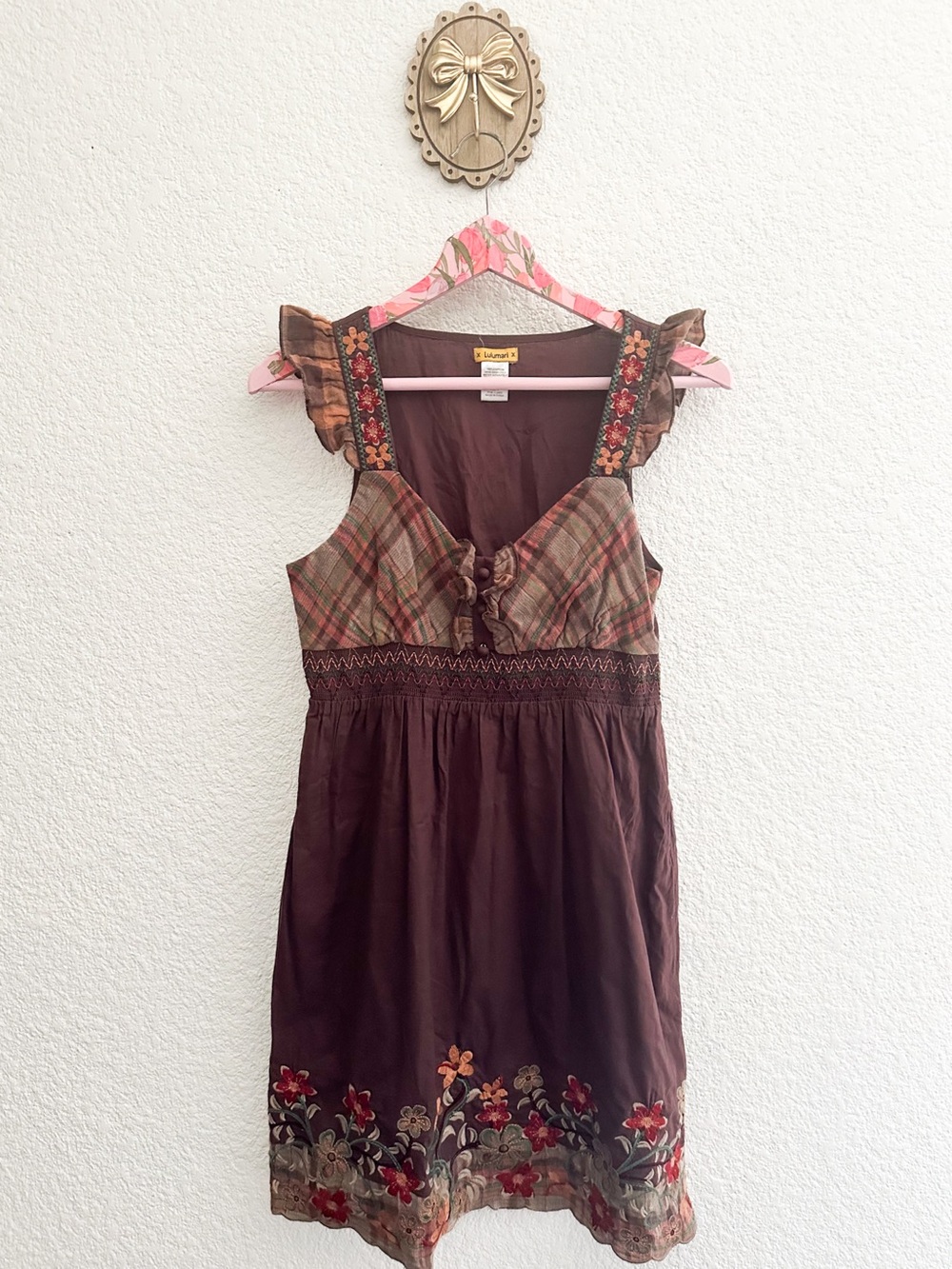 Lulumari Brown Cotton Dress with Embroidered Neck Label